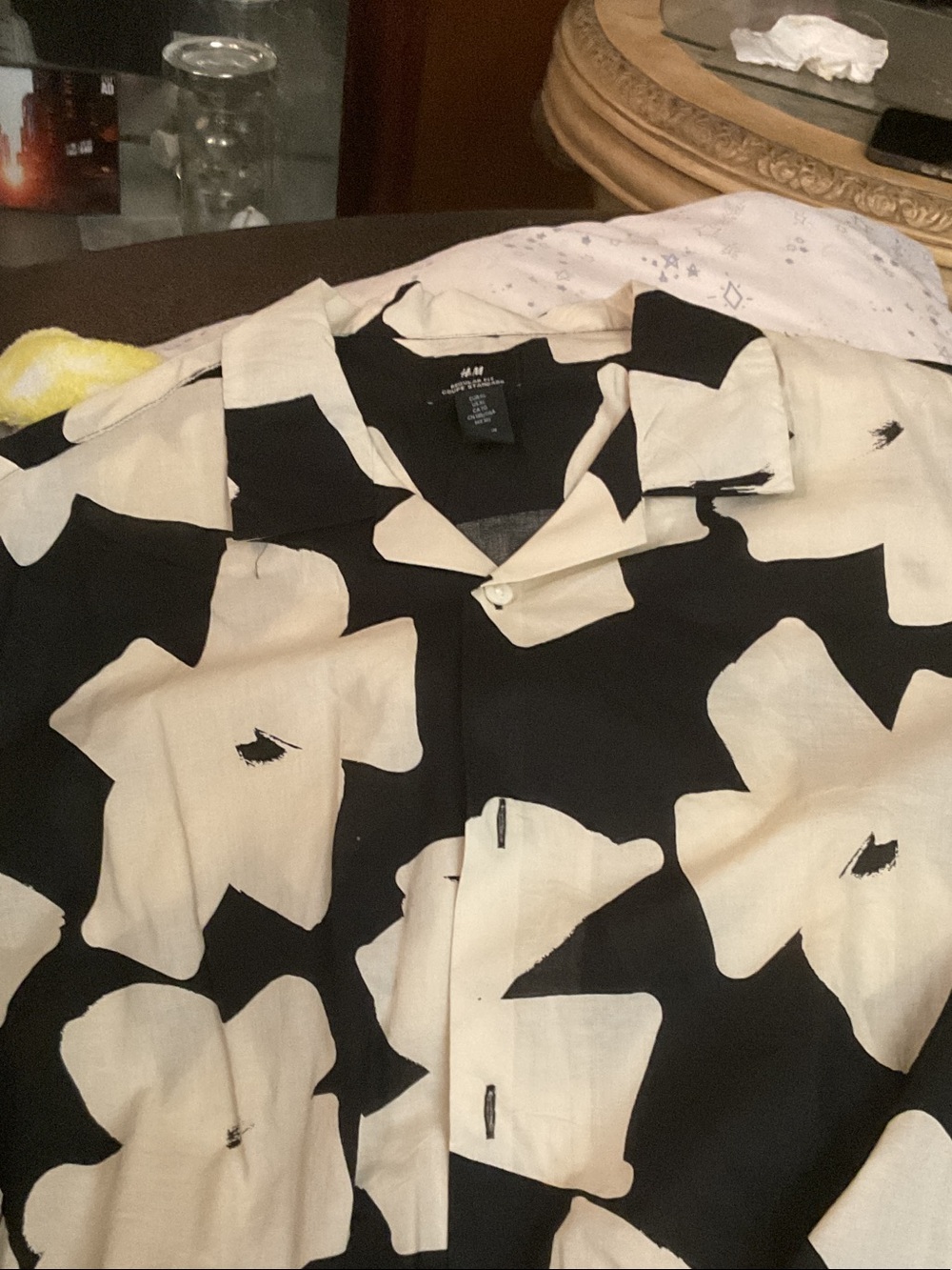 H&M Black and Cream Floral-Print Lightweight Shirt Jacket